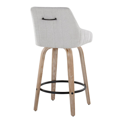 The Hannah Transitional Counter Stool set features light gray upholstered backrests, light wood legs, black metal round footrests, and a black handle on the back. Includes fixed height and swivel functionality. Set of 2.