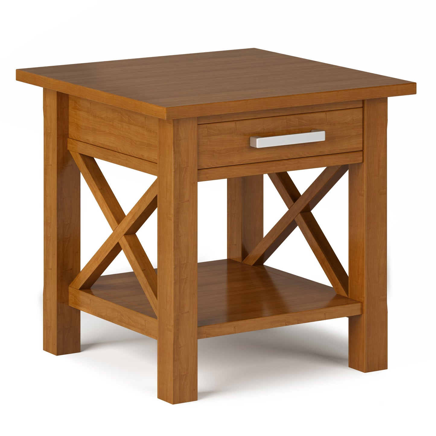 The Kitchener - Handcrafted Table features a natural wood finish, square top, single drawer with silver handle, crisscross side supports, lower shelf, and sturdy straight legs.
