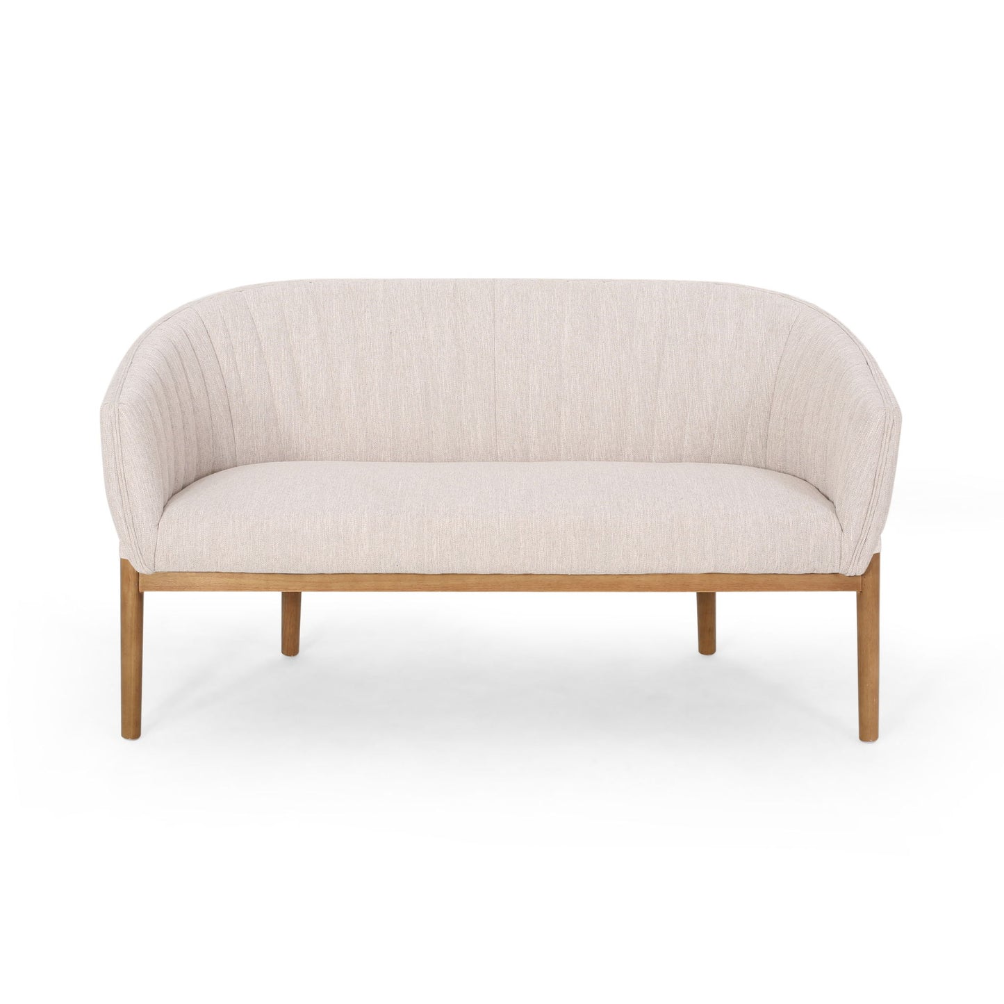The Mid Century Modern Loveseat features a channel-stitched backrest, light beige upholstery, and slim wooden legs, shown from the front against a white background.