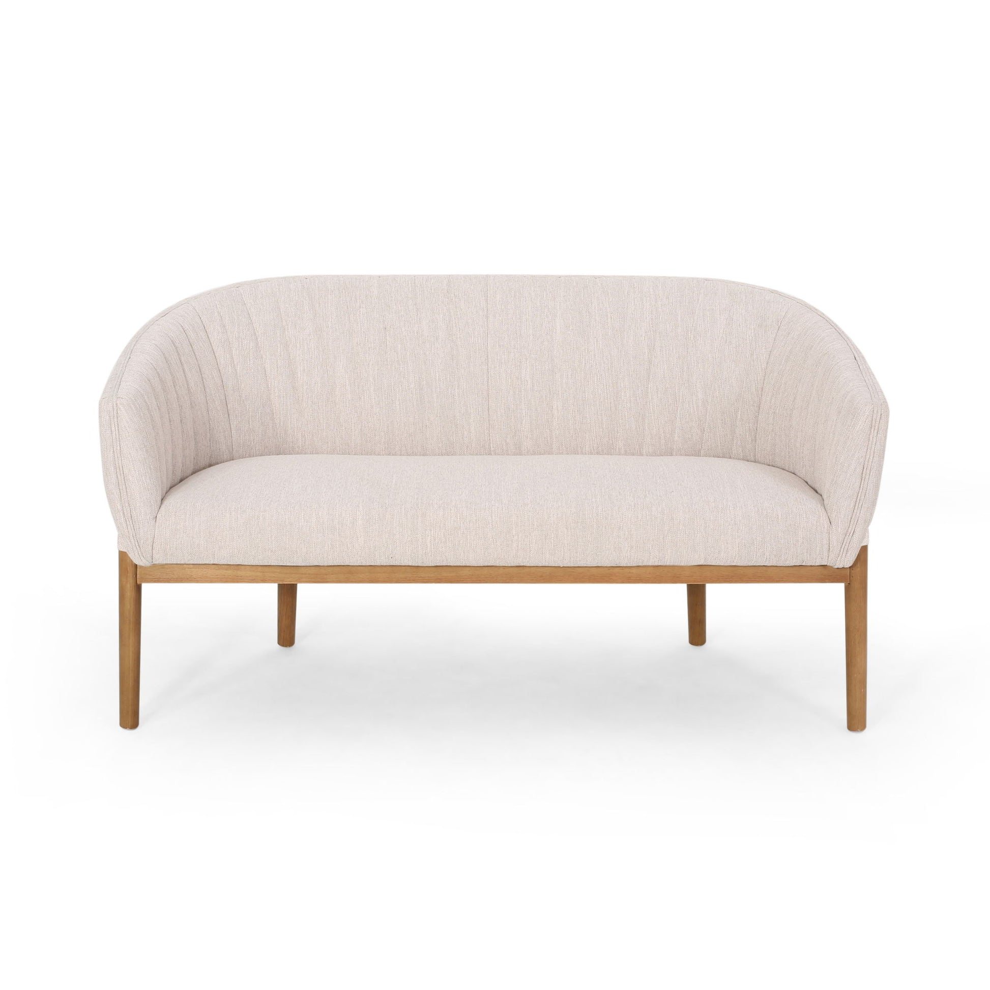 The Mid Century Modern Loveseat features a channel-stitched backrest, light beige upholstery, and slim wooden legs, shown from the front against a white background.
