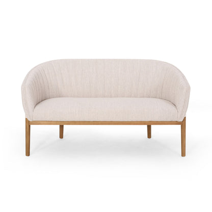 The Mid Century Modern Loveseat features a channel-stitched backrest, light beige upholstery, and slim wooden legs, shown from the front against a white background.