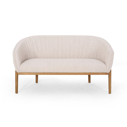 The Mid Century Modern Loveseat features a channel-stitched backrest, light beige upholstery, and slim wooden legs, shown from the front against a white background.