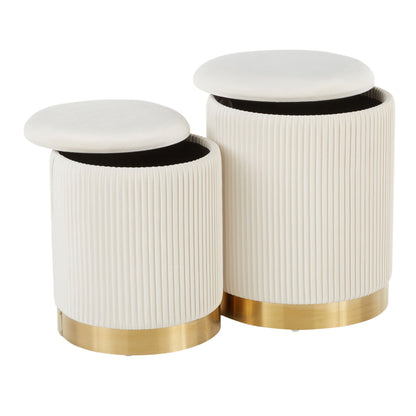 The Marla - Contemporary Nesting Pleated Ottoman Set features two round, white ottomans with ribbed sides and smooth tops, set on metallic gold bases for a modern touch. The varying heights of the ottomans add a dynamic element to their elegant design.