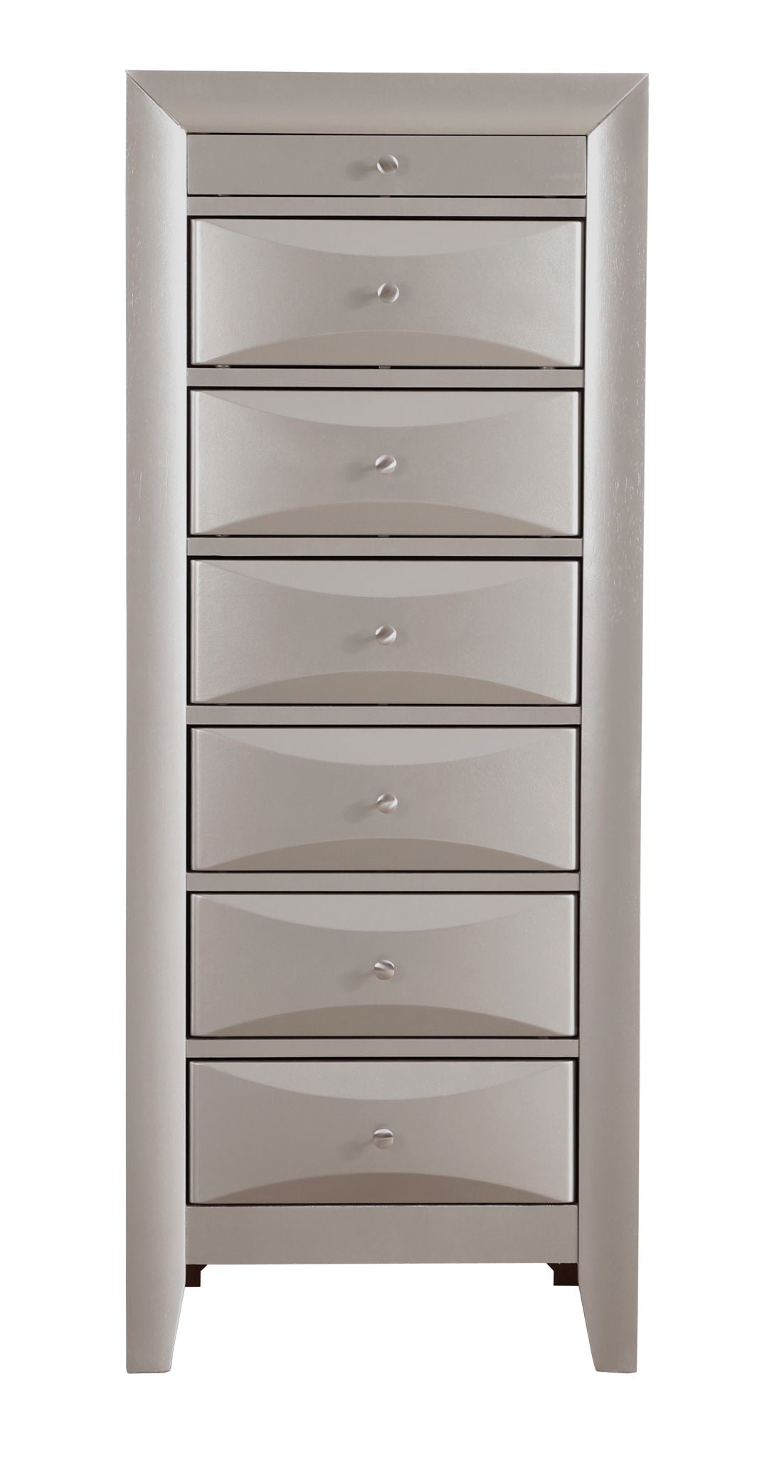 The Marilla 7 Drawer Lingerie Chest is a tall, narrow gray unit with seven drawers, each adorned with a small round knob and subtle curved patterns on the fronts. It stands on short legs for added elegance.