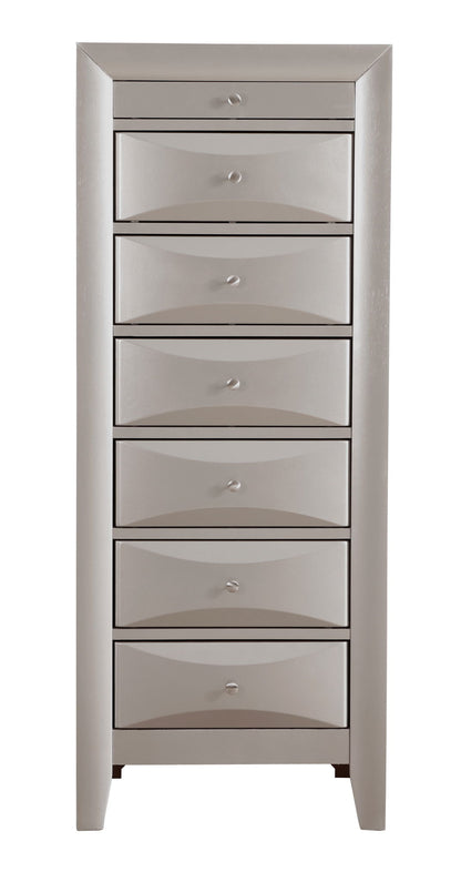 The Marilla 7 Drawer Lingerie Chest is a tall, narrow gray unit with seven drawers, each adorned with a small round knob and subtle curved patterns on the fronts. It stands on short legs for added elegance.