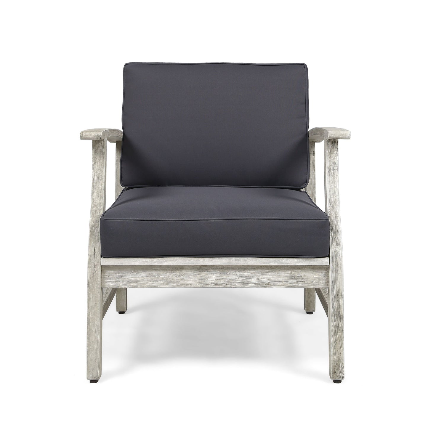 Front view of the Perla - Contemporary Club Chair featuring a light, weathered wood finish, thick dark gray water-resistant cushions, simple modern design with straight lines and wide armrests.