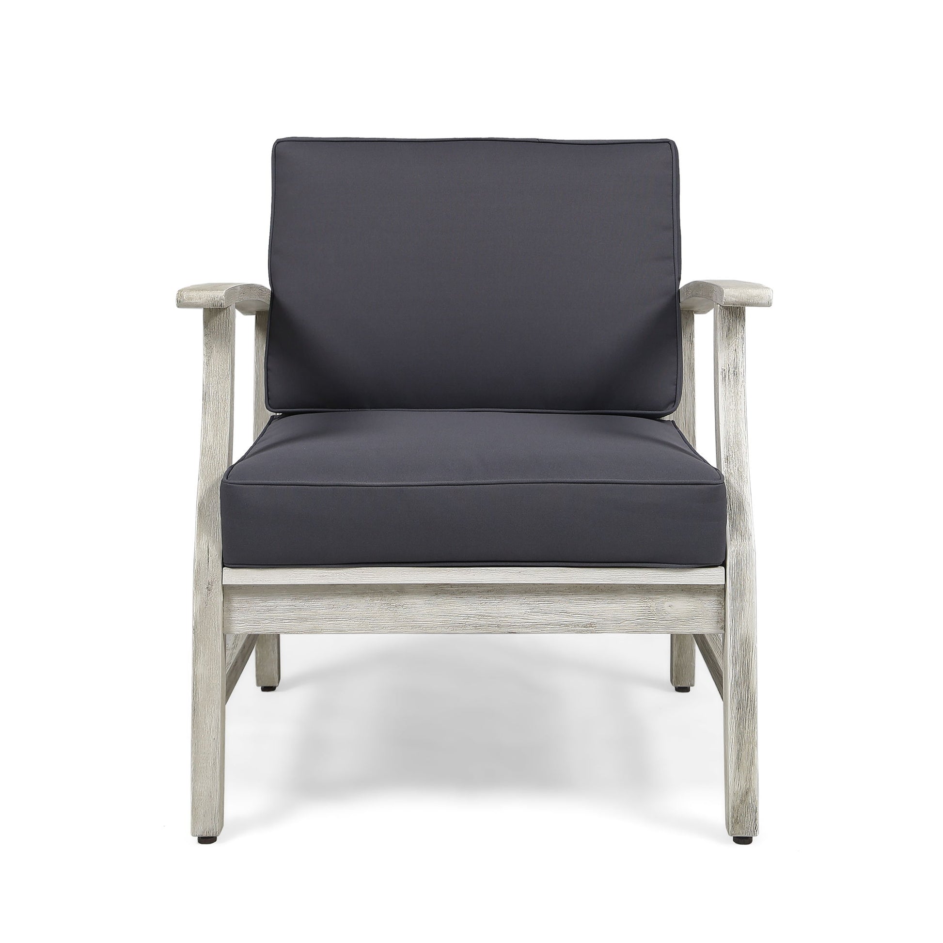 Front view of the Perla - Contemporary Club Chair featuring a light, weathered wood finish, thick dark gray water-resistant cushions, simple modern design with straight lines and wide armrests.