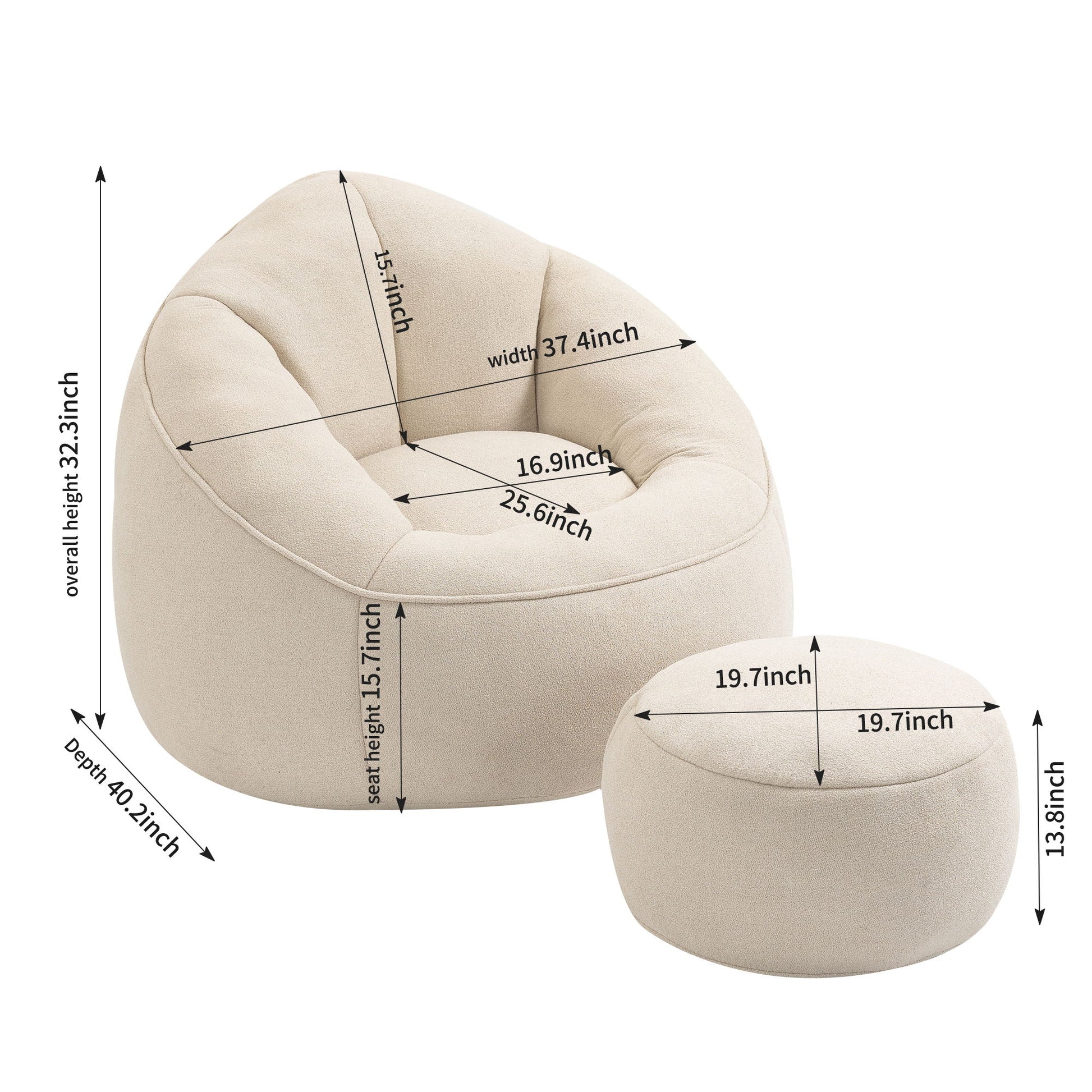 Bedding Bean Bag Sofa Chair in cream with matching footrest: chair—height 33.3", depth 40.2", width 37.4", seat height 15.7"; footrest—diameter 19.7", height 13.8". Made with high-pressure foam for comfort and support.