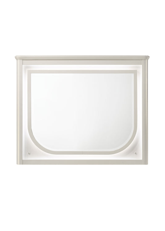 The Laveda - Mirror With LED - White is a rectangular wall mirror with a white frame, rounded bottom corners, and built-in LED lighting along the inner edge. Its modern, minimalist design is shown against a plain white background.