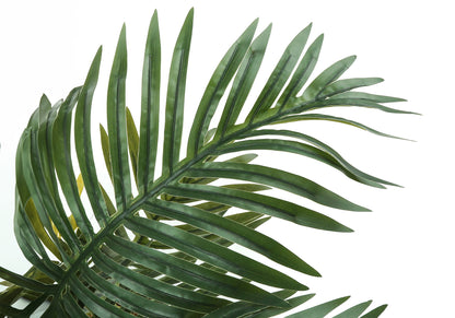 Close-up of the 34" Tall Artificial Palm Tree showcasing glossy, overlapping green fronds. This faux indoor plant features real touch leaves and comes potted for decorative floor greenery in your space.