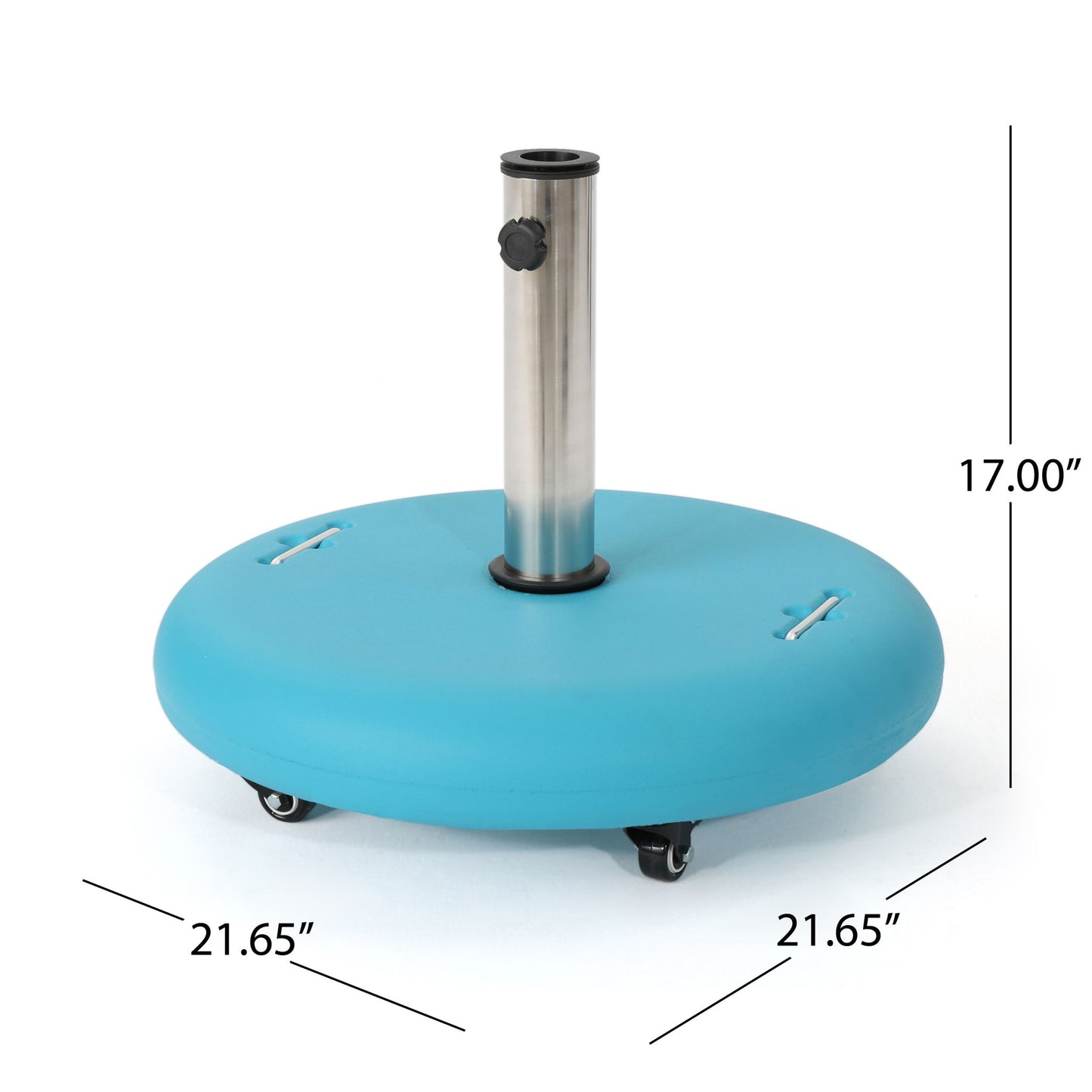 The Wheelie is a blue, round umbrella base with a stainless steel pole holder, black adjustment knob, and four wheels. It measures 21.65" wide and 17" tall.