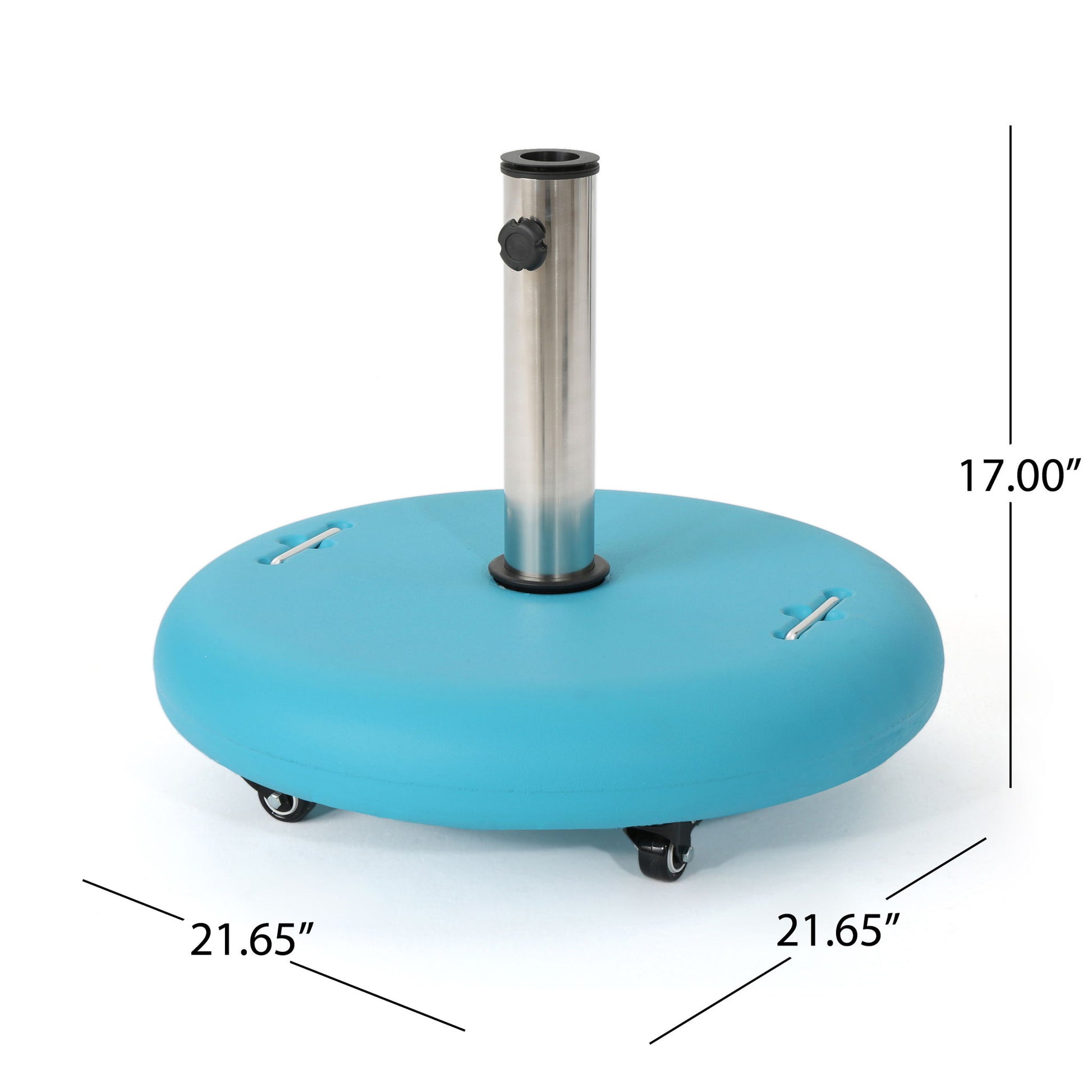 The Wheelie is a blue, round umbrella base with a stainless steel pole holder, black adjustment knob, and four wheels. It measures 21.65" wide and 17" tall.