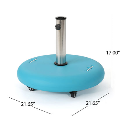 The Wheelie is a blue, round umbrella base with a stainless steel pole holder, black adjustment knob, and four wheels. It measures 21.65" wide and 17" tall.