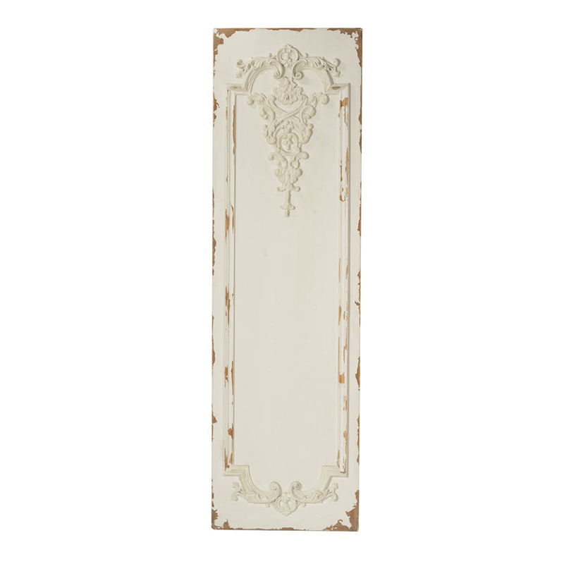 A set of large, rectangular wooden hanging panels with distressed white finish and ornate carvings at the top and bottom for a vintage look.