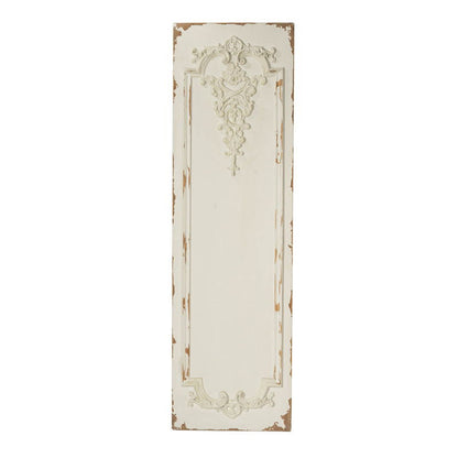 A set of large, rectangular wooden hanging panels with distressed white finish and ornate carvings at the top and bottom for a vintage look.