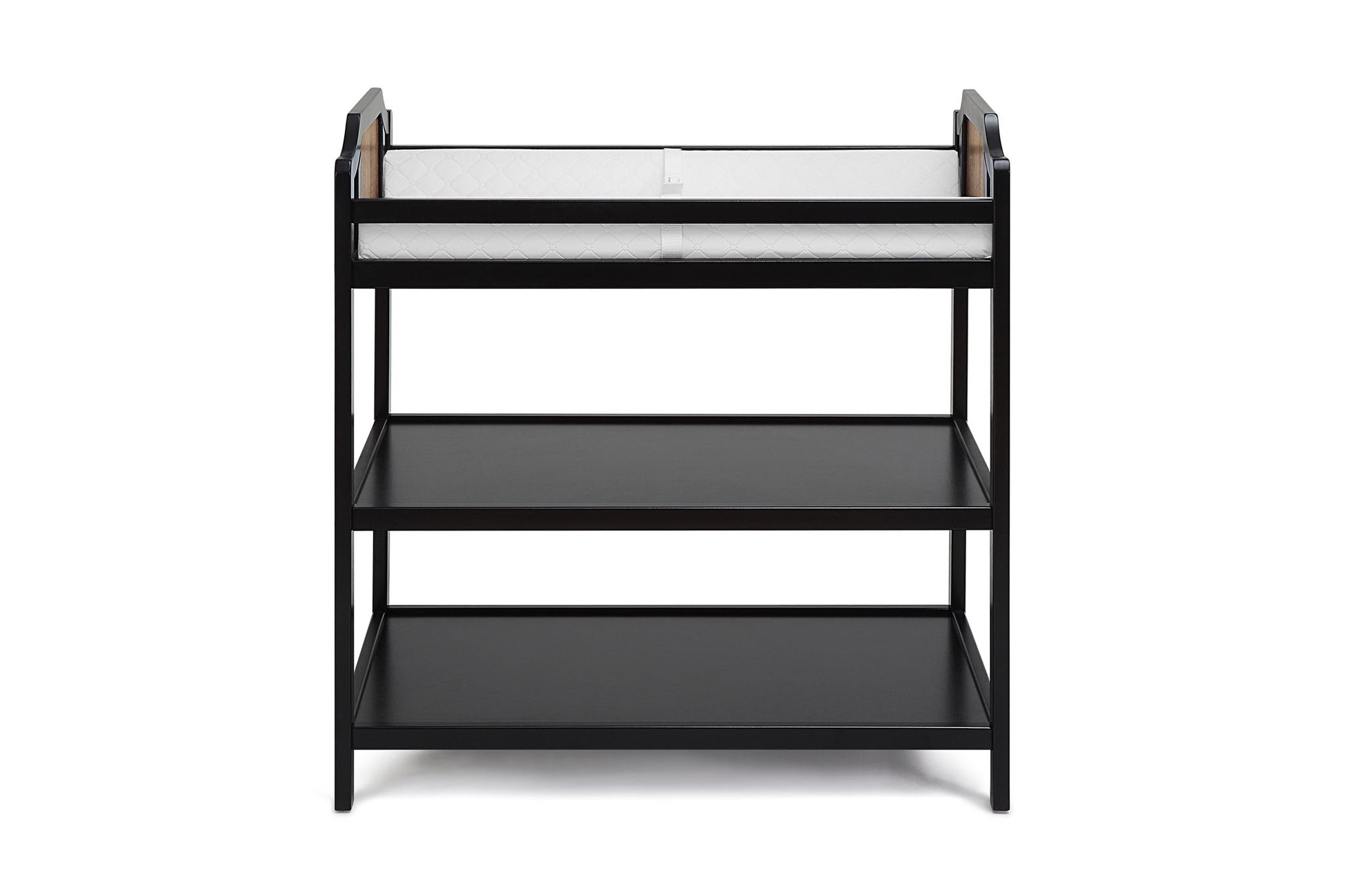 The Brees - Changing Table is a black wooden baby changing station with two open shelves and a white changing pad on top, displayed against a plain white background.