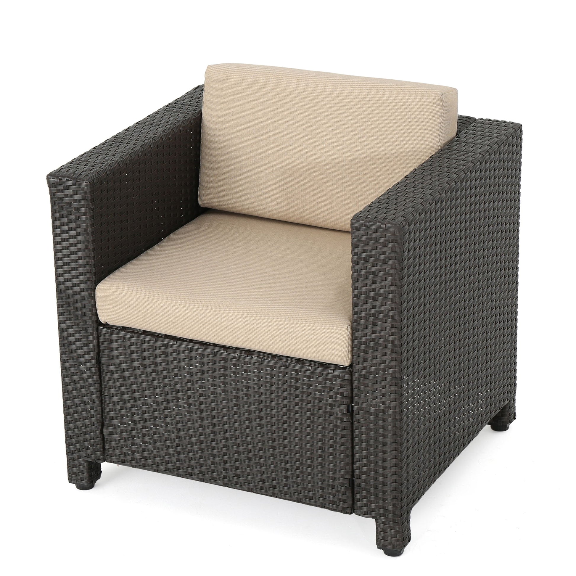 The Stylish Outdoor Club Chair features a dark brown woven rattan frame with light beige, weather-resistant seat and back cushions for a modern touch.