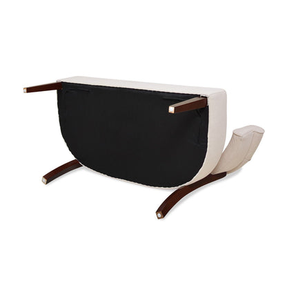 The Jared - Versatile Roll Arm Tufted Bench Settee is shown upside down, displaying its black fabric underside and four wooden legs, with two gently curved legs standing out.