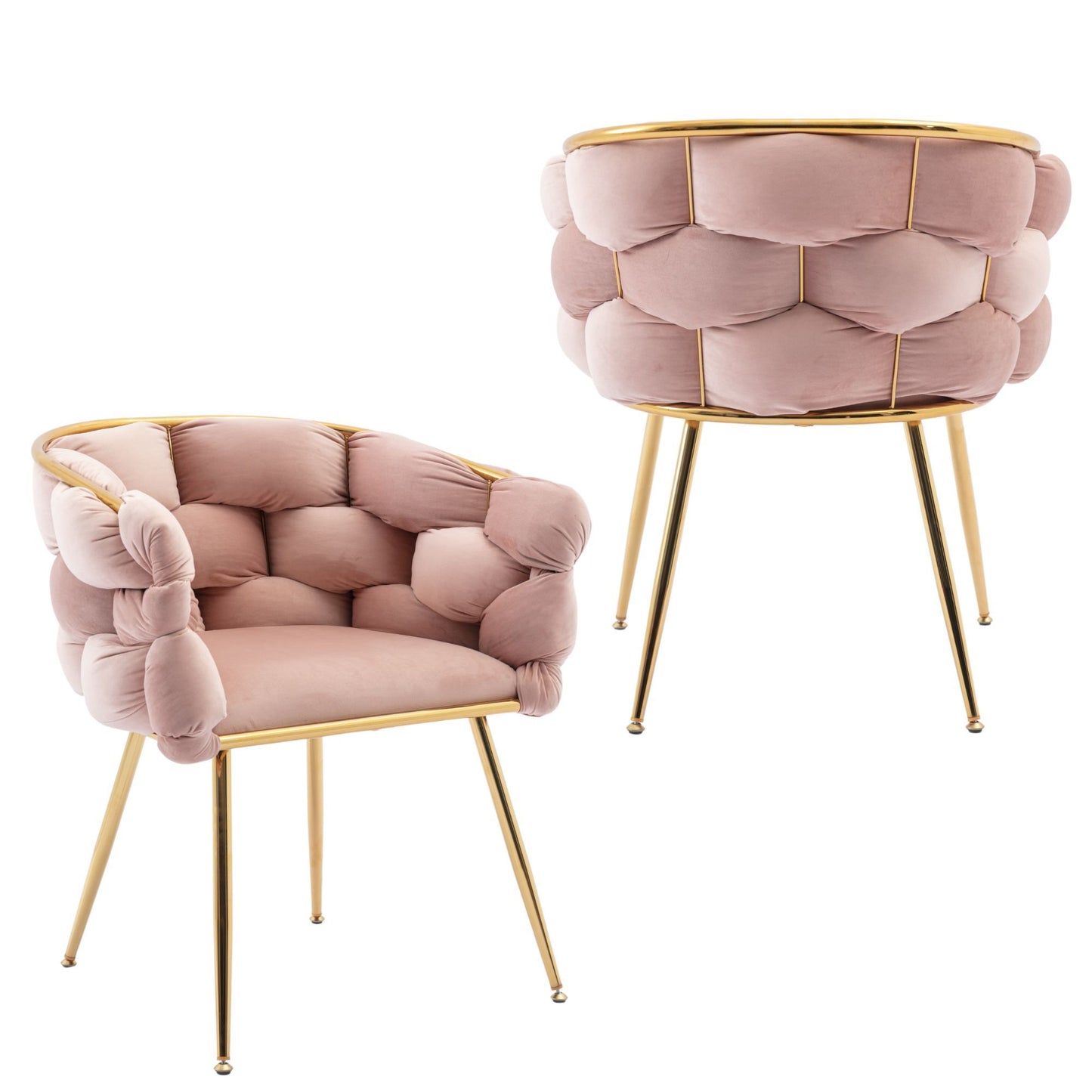 Two luxury modern blush pink velvet single sofa chairs feature gold metal legs, tufted cloud-like cushions, and a cozy design—perfect as bedroom, dresser, or manicure table chairs.