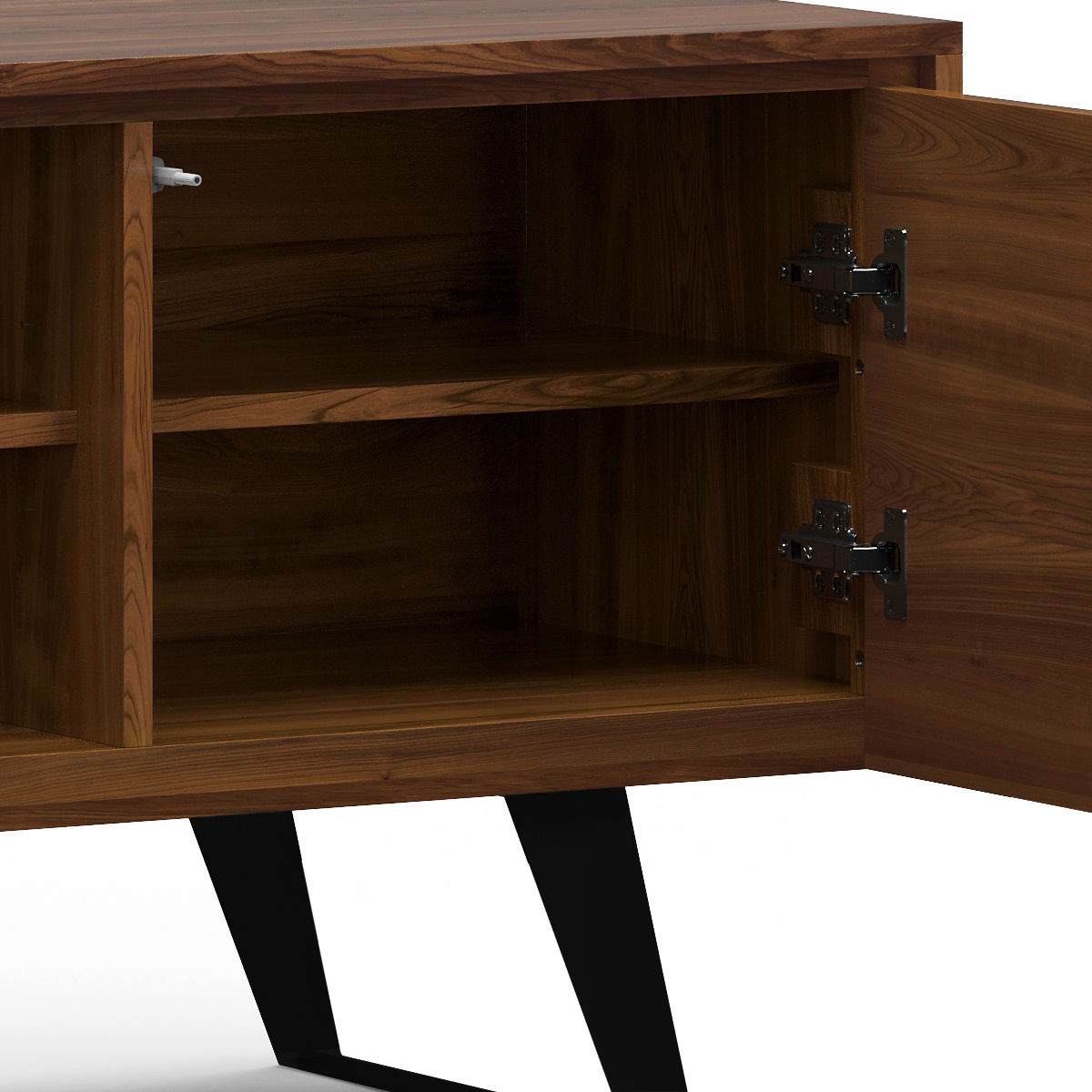 A close-up of the Lowry Handcrafted TV Media Stand shows one door open to reveal an empty shelf inside. The stand features angled black legs and visible metal hinges on the open door.