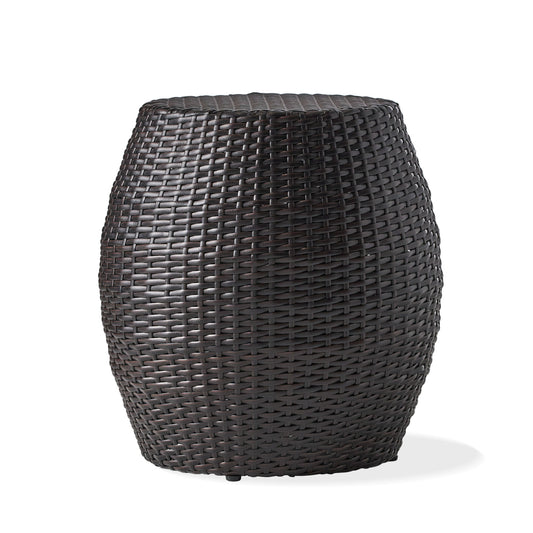 The Outdoor Wicker Patio Side Table features a round, barrel-like shape and dark brown tightly woven wicker, shown against a plain white background.
