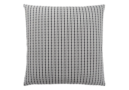 Decorative square pillow with hypoallergenic insert, featuring a soft, plush feel and a black and white textured woven cover with geometric dots and lines in a grid pattern.