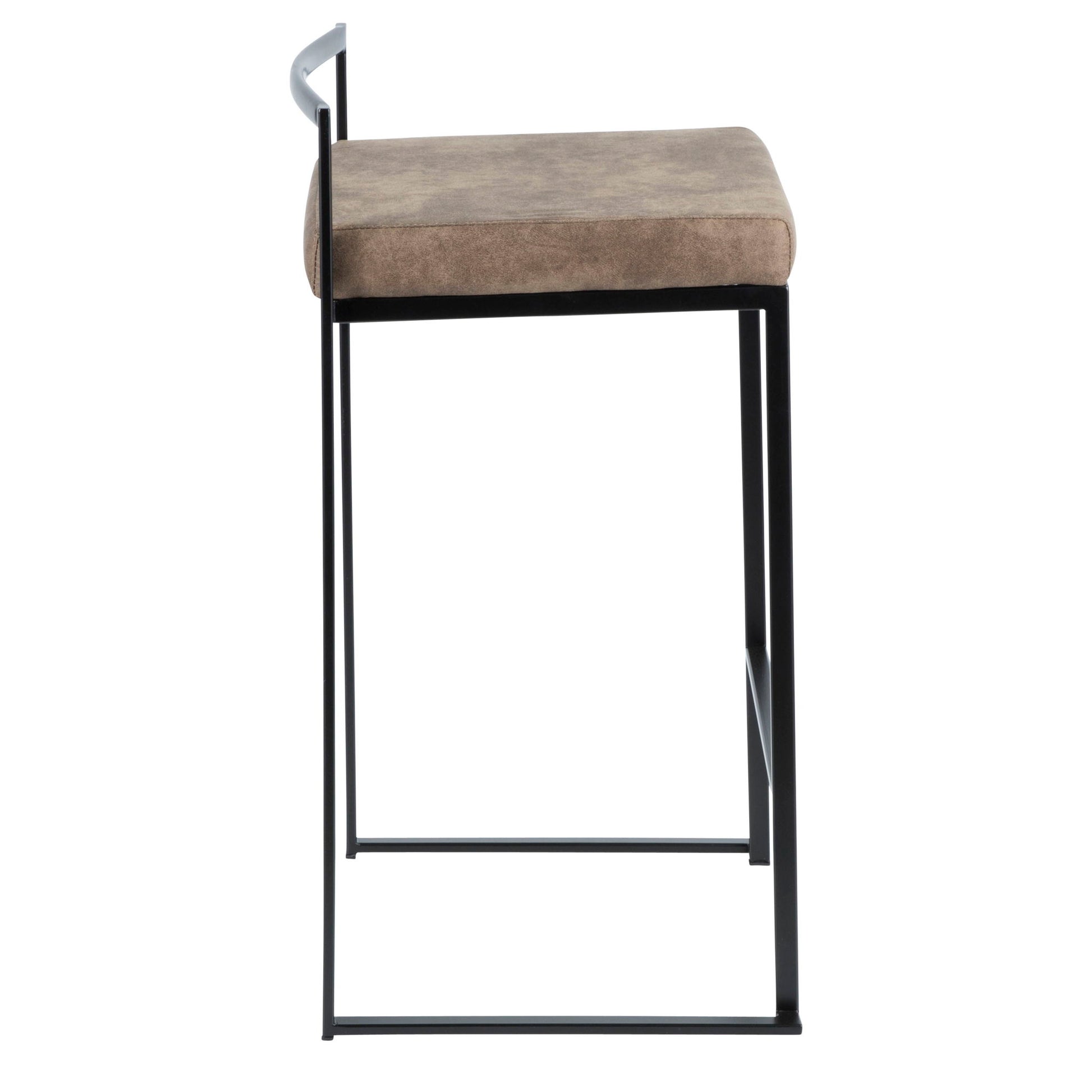 The Fuji - Contemporary Style Stackable Counter Stool features a slim black metal frame, a brown cushioned seat, minimal backrest, and built-in footrest, shown in a side view for a modern, minimalist look.