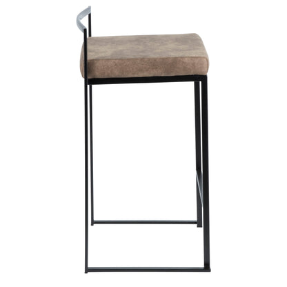 The Fuji - Contemporary Style Stackable Counter Stool features a slim black metal frame, a brown cushioned seat, minimal backrest, and built-in footrest, shown in a side view for a modern, minimalist look.