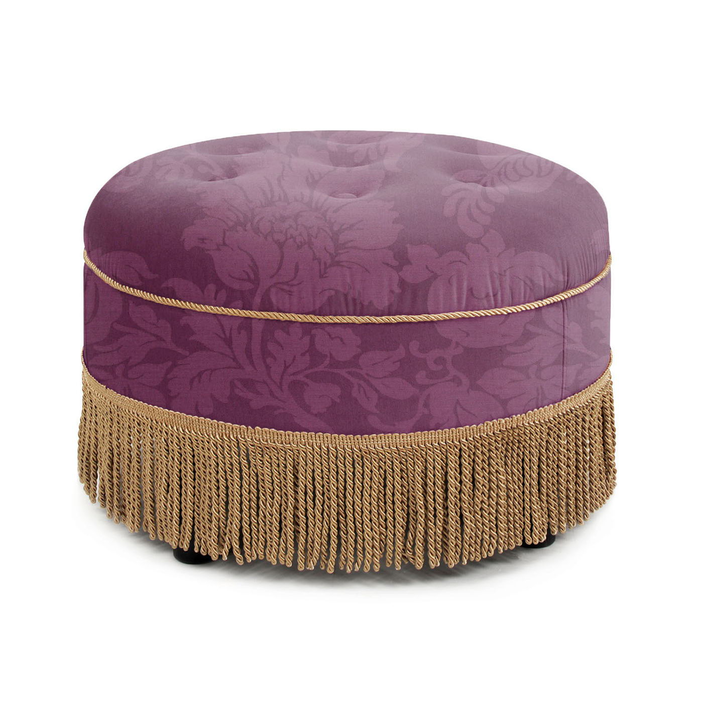 The Yolanda Luxurious Upholstery Round Ottoman features plush purple tufted fabric, subtle floral patterns, and elegant gold fringe trim at the base for a stylish accent piece.