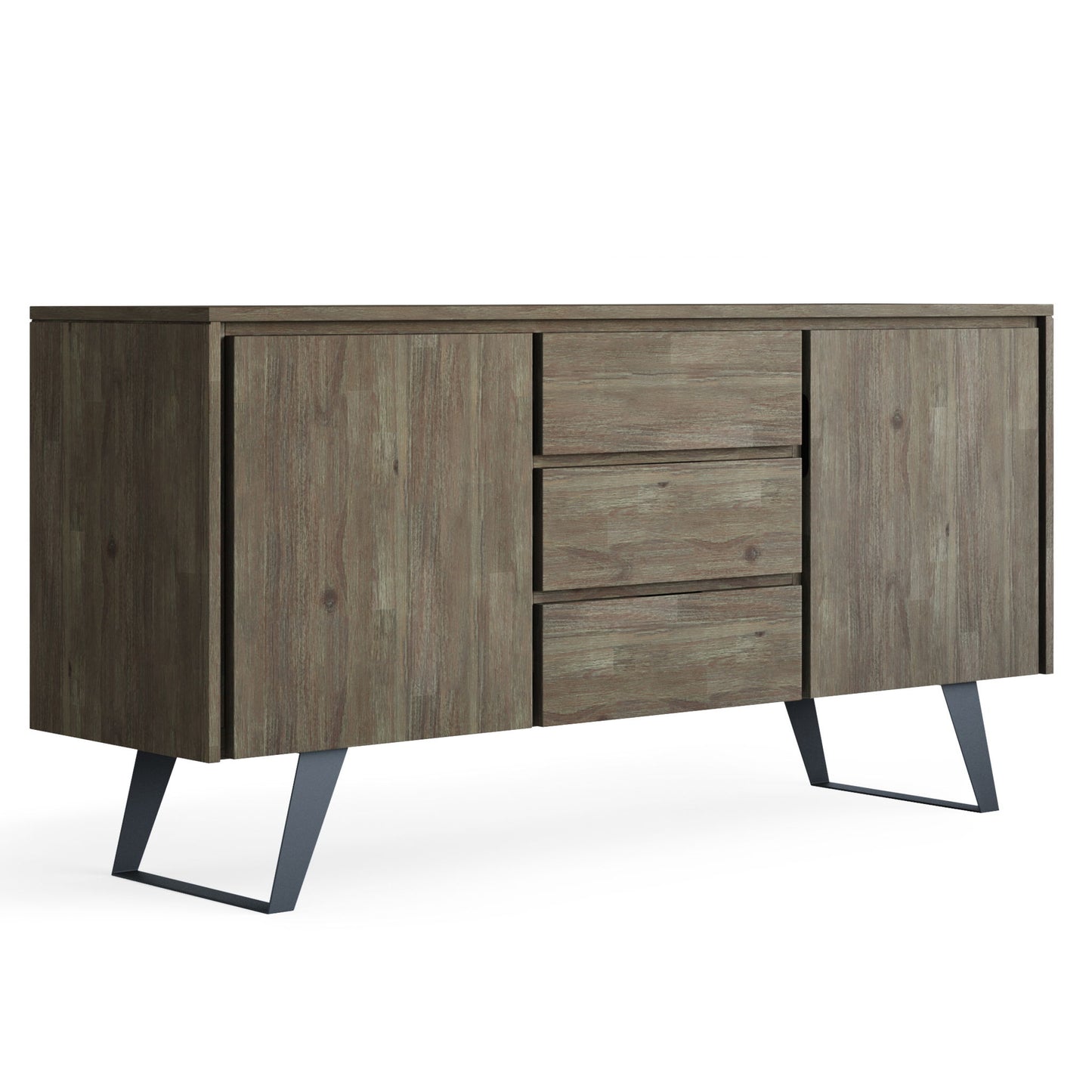 The Lowry Handcrafted Sideboard Buffet features two cabinet doors, three central drawers, a modern weathered wood finish, and stands on angled black metal legs.