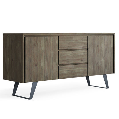 The Lowry Handcrafted Sideboard Buffet features two cabinet doors, three central drawers, a modern weathered wood finish, and stands on angled black metal legs.