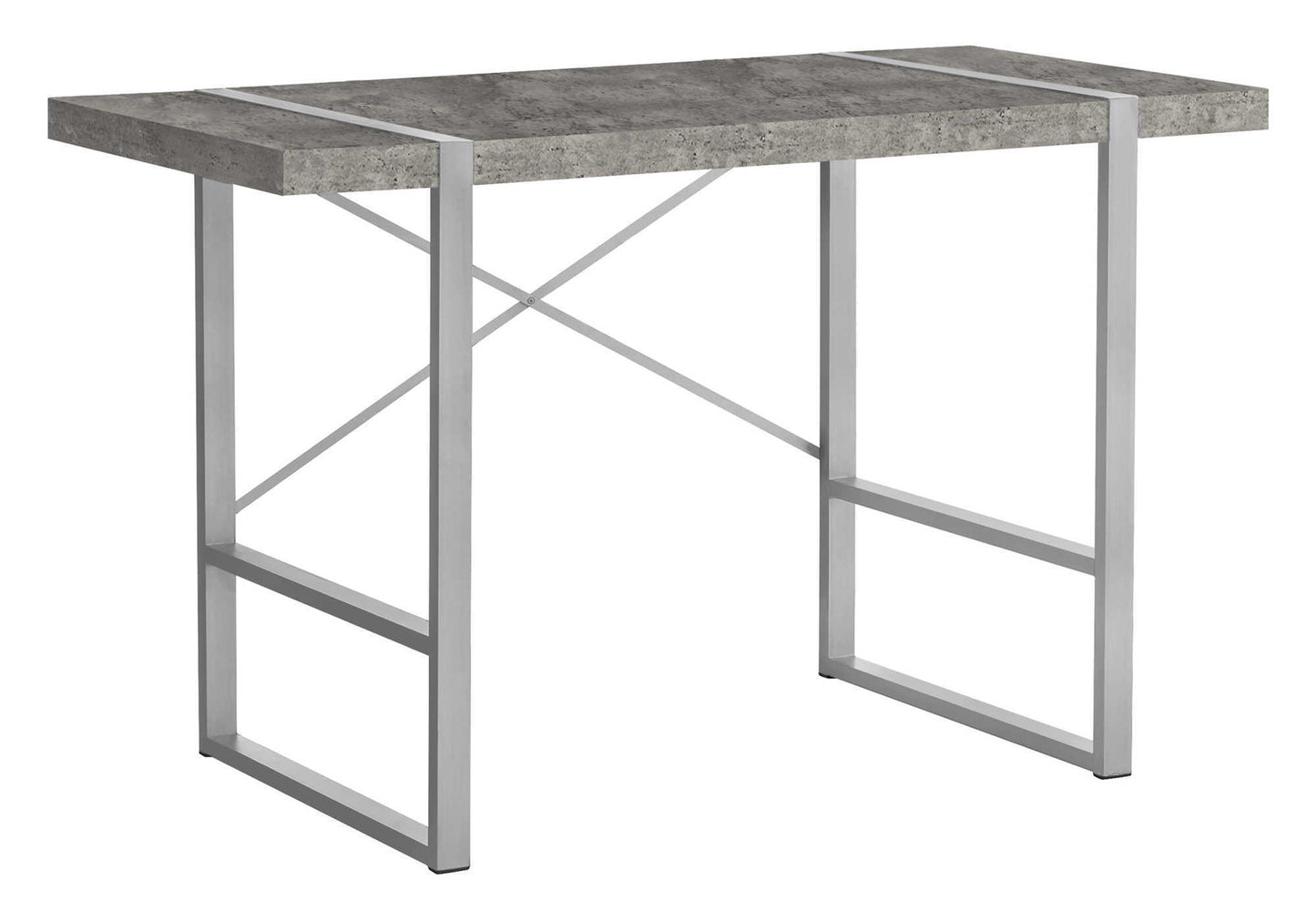 The Computer Desk For Home Office features a thick, rectangular gray concrete-style tabletop and a minimalist white metal frame with geometric legs and a back crossbar, ideal for an industrial design workspace or laptop setup.