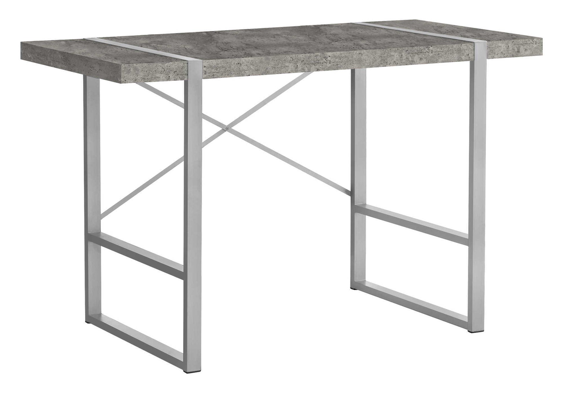 The Computer Desk For Home Office features a thick, rectangular gray concrete-style tabletop and a minimalist white metal frame with geometric legs and a back crossbar, ideal for an industrial design workspace or laptop setup.