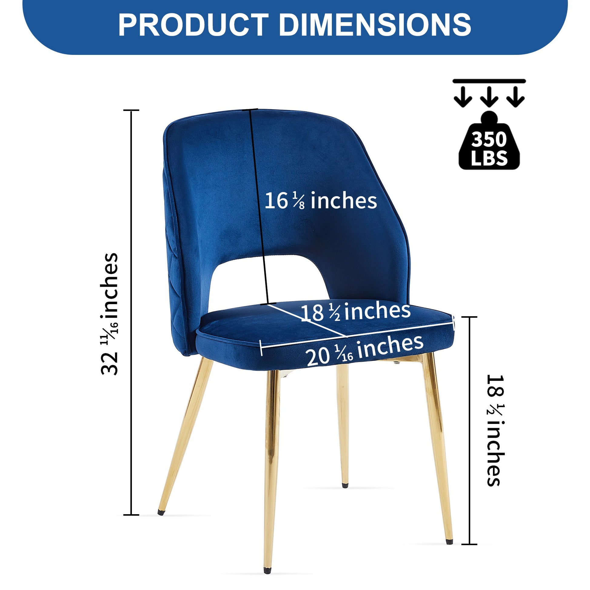 The Velvet Dining Chairs With Metal Legs And Hollow Back are shown in blue velvet with gold legs, labeled dimensions: 32¼" height, 16⅛" backrest, 18½" seat height, 20½" seat width, and a weight capacity of 350 lbs.