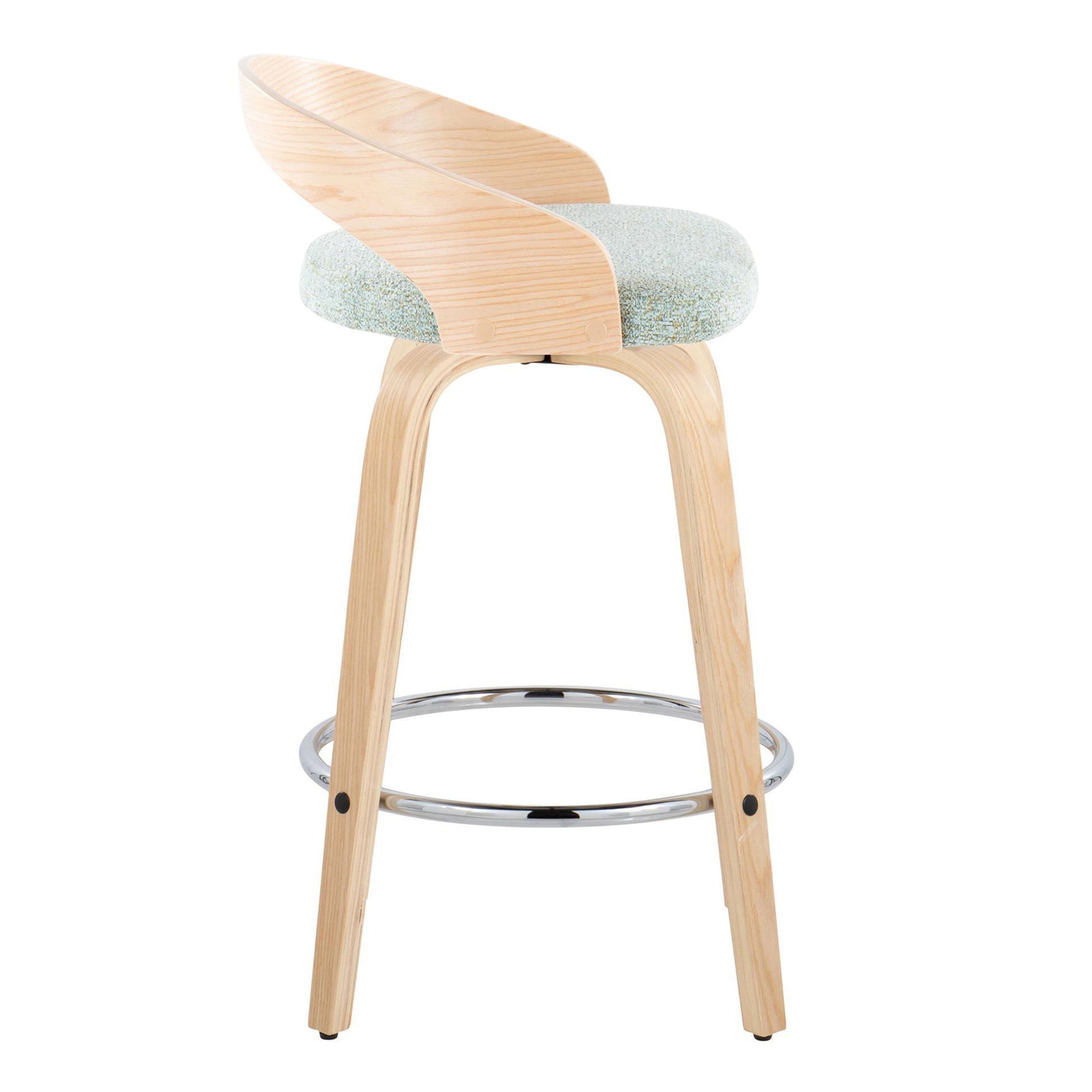 The Grotto Contemporary Fixed Height Counter Stool (Set of 2) features light wood legs, a rounded backrest, pale green upholstered seat, and a chrome round footrest, perfect for modern spaces.