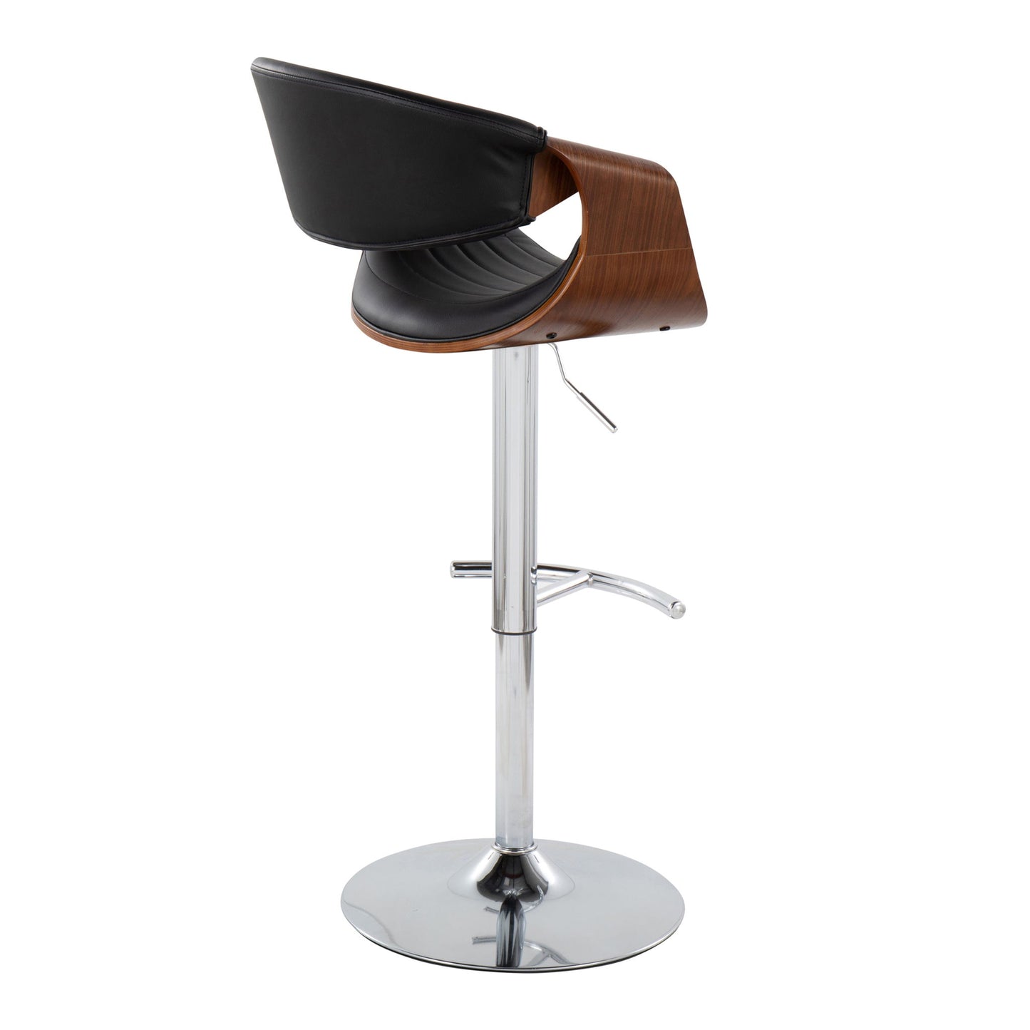 The Symphony Mid Century Modern Adjustable Barstool features a curved wooden backrest, black cushioned seat, armrests, chrome base with rounded T footrest, and swivel with an adjustable height lever. Sold as a set of 2.