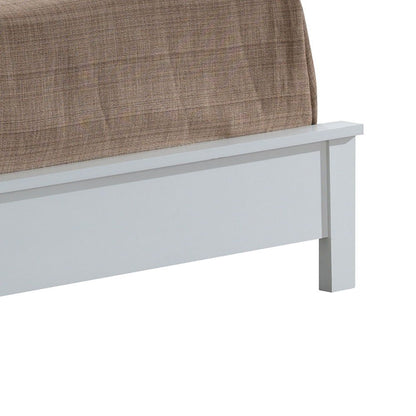 The image shows the lower corner of the Bed With Transitional Design Stylish, a white wooden frame with a brown textured blanket draped over the mattress.