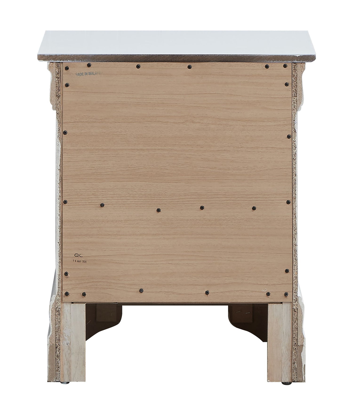The Lorana Nightstand is shown from the back, featuring an unfinished wood panel secured with visible screws and a contrasting darker finished top.