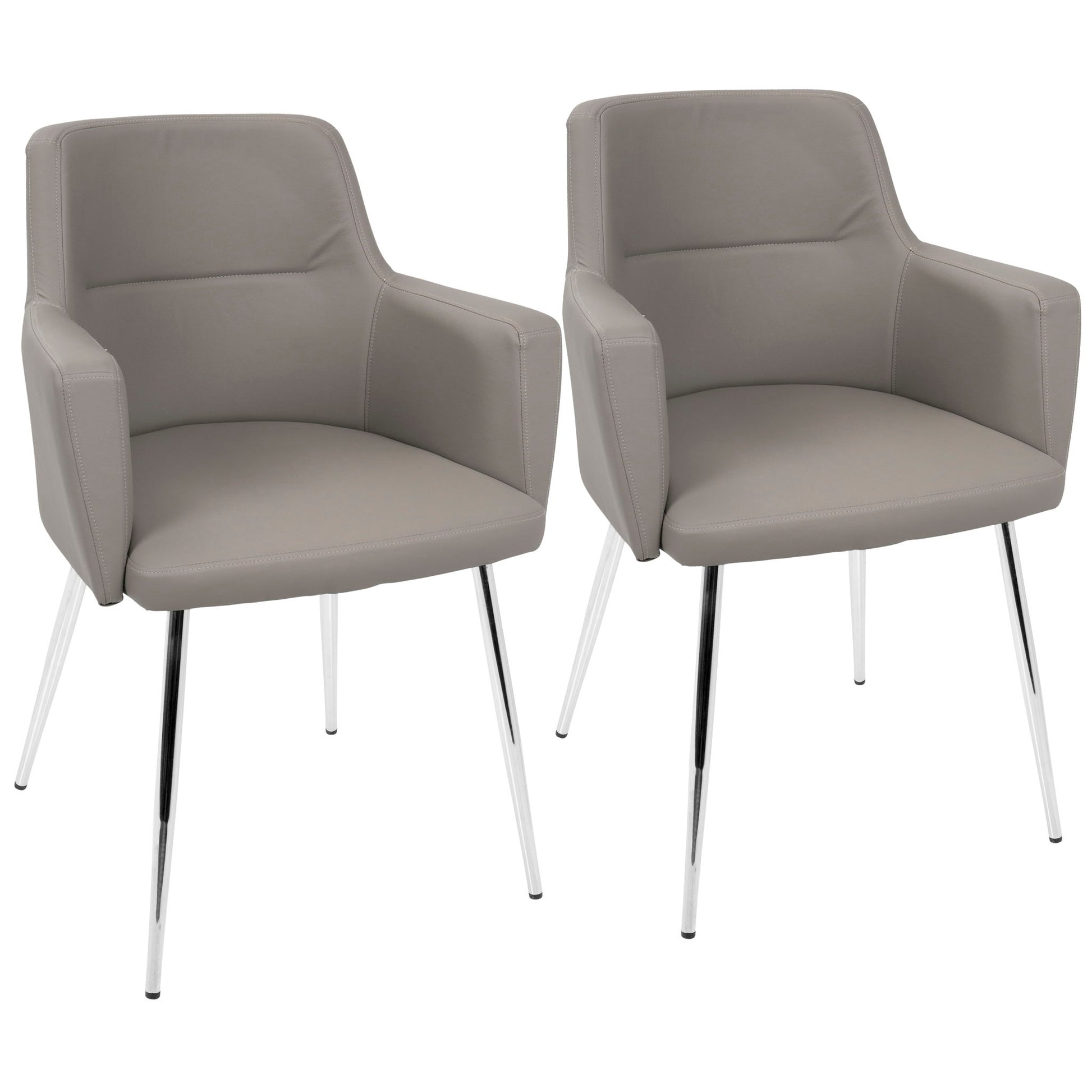 The Andrew - Contemporary Dining Chair (Set of 2) features light gray upholstered seats and backs, slim armrests, and four shiny metal legs, shown side by side on a white background.