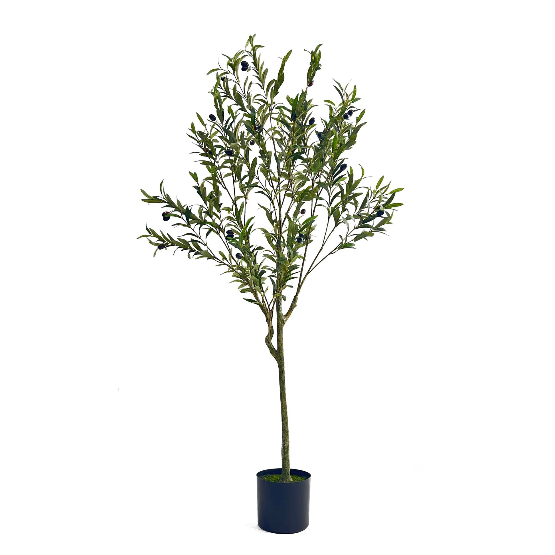 The Artificial Olive Tree features slender branches, green leaves, and several dark olives, all set in a pot against a plain white background.