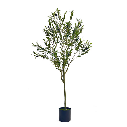 The Artificial Olive Tree features slender branches, green leaves, and several dark olives, all set in a pot against a plain white background.
