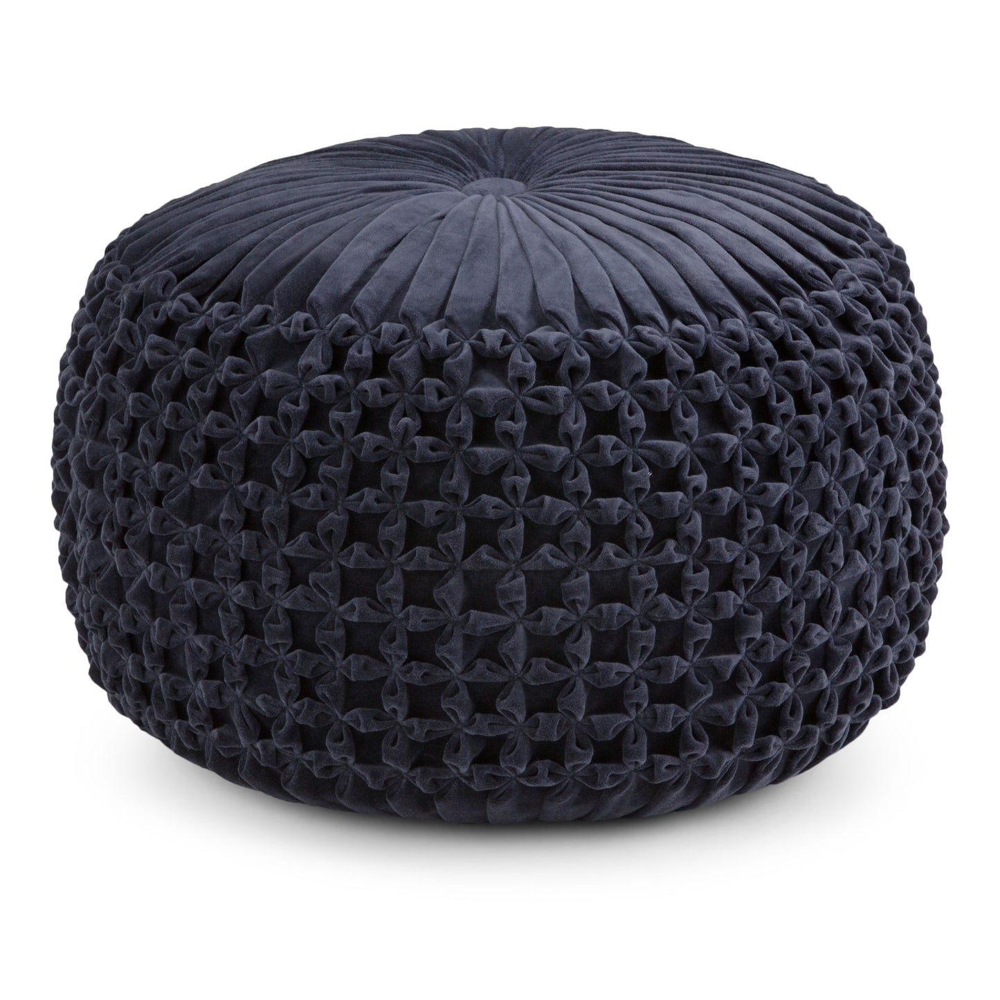 The Renee - Handcrafted Round Pouf features a round, dark blue design with a pleated and tufted velvet top and intricately woven, knotted sides.