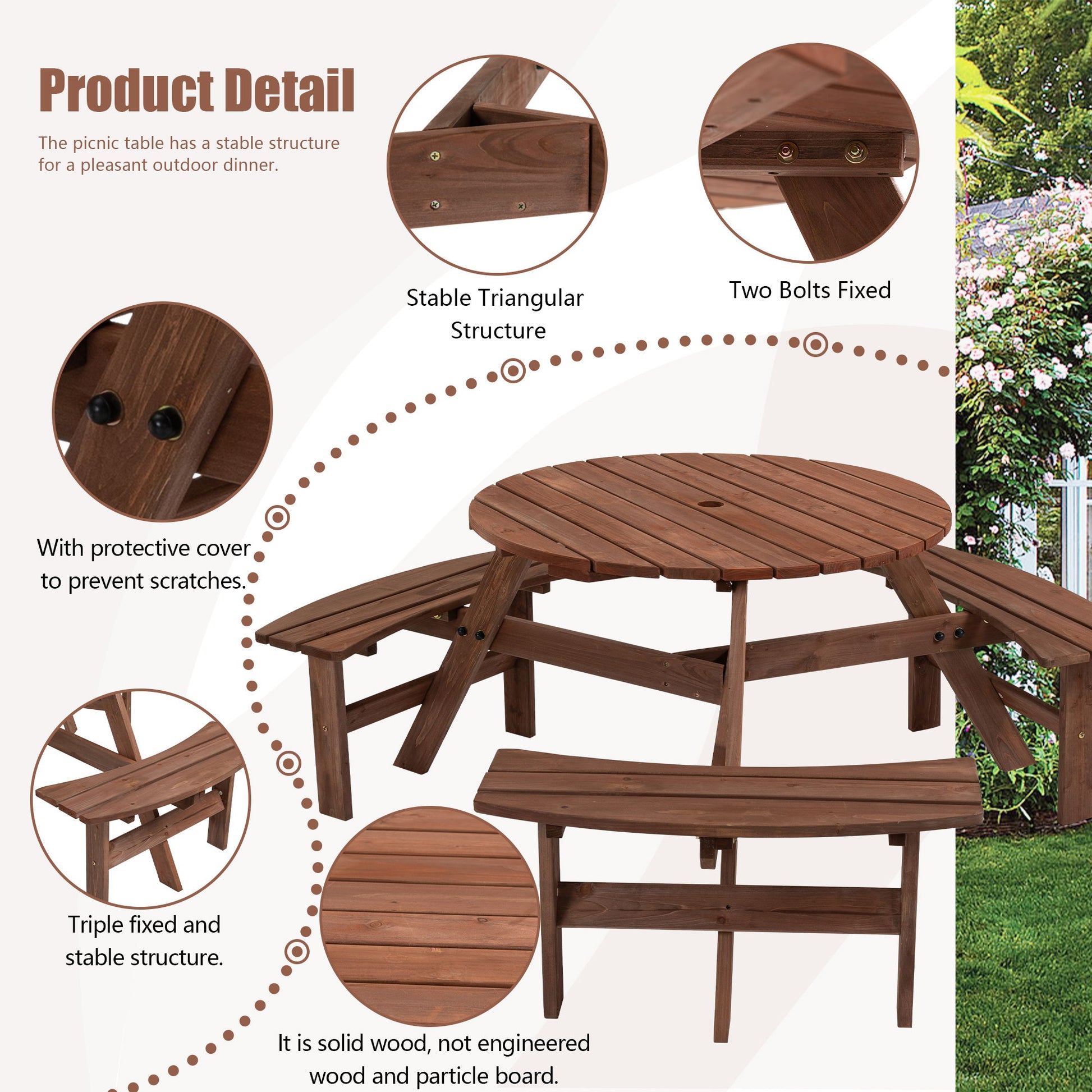 The 6 Person Circular Outdoor Wooden Picnic Table features 3 built-in benches, supports up to 1720 lb, boasts a stable triangular structure with triple fixed supports, double bolt fixation, scratch protection, and is crafted from solid wood.