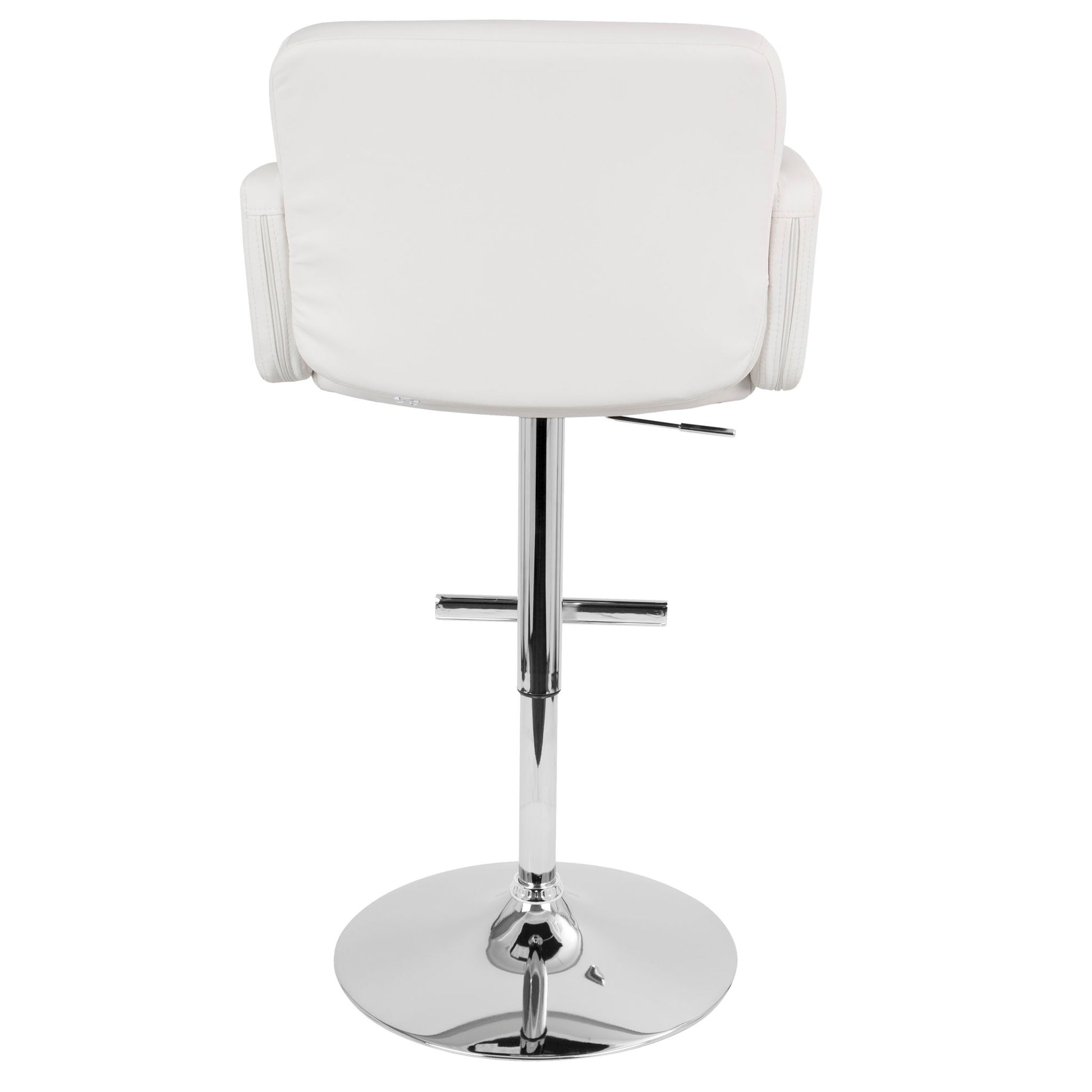 The Stout - Contemporary Adjustable Barstool With Swivel is shown from the back with a padded seat and backrest, chrome armrests, a chrome pedestal base, and a footrest.