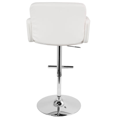 The Stout - Contemporary Adjustable Barstool With Swivel is shown from the back with a padded seat and backrest, chrome armrests, a chrome pedestal base, and a footrest.