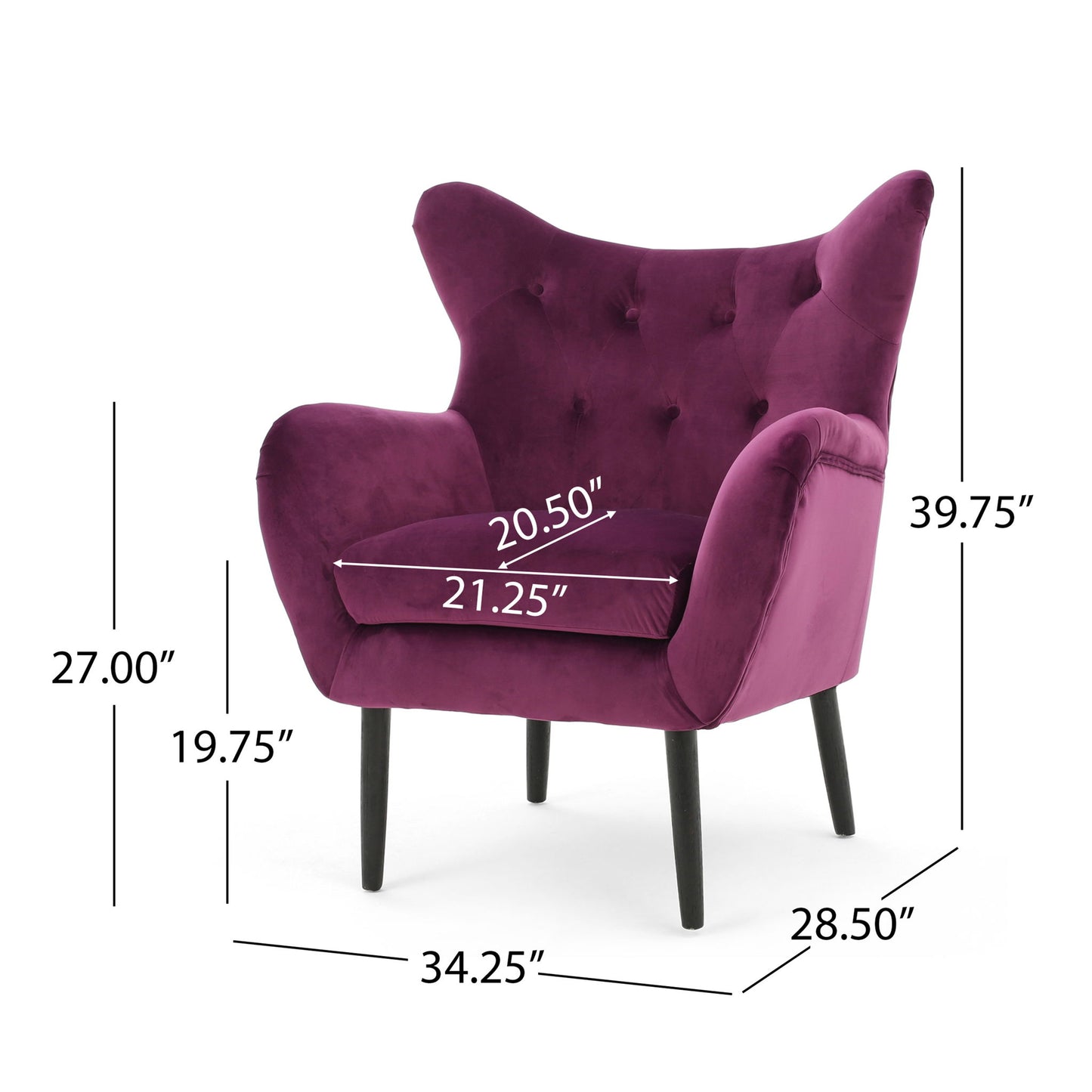 The Alyssa Mid Century Upholstered Arm Chair with wingback design is shown in purple with black legs; dimensions: 39.75"H, 27" arm height, 19.75" seat height, 20.5" seat depth, 21.25" seat width, 28.5" chair depth, 34.25"W.