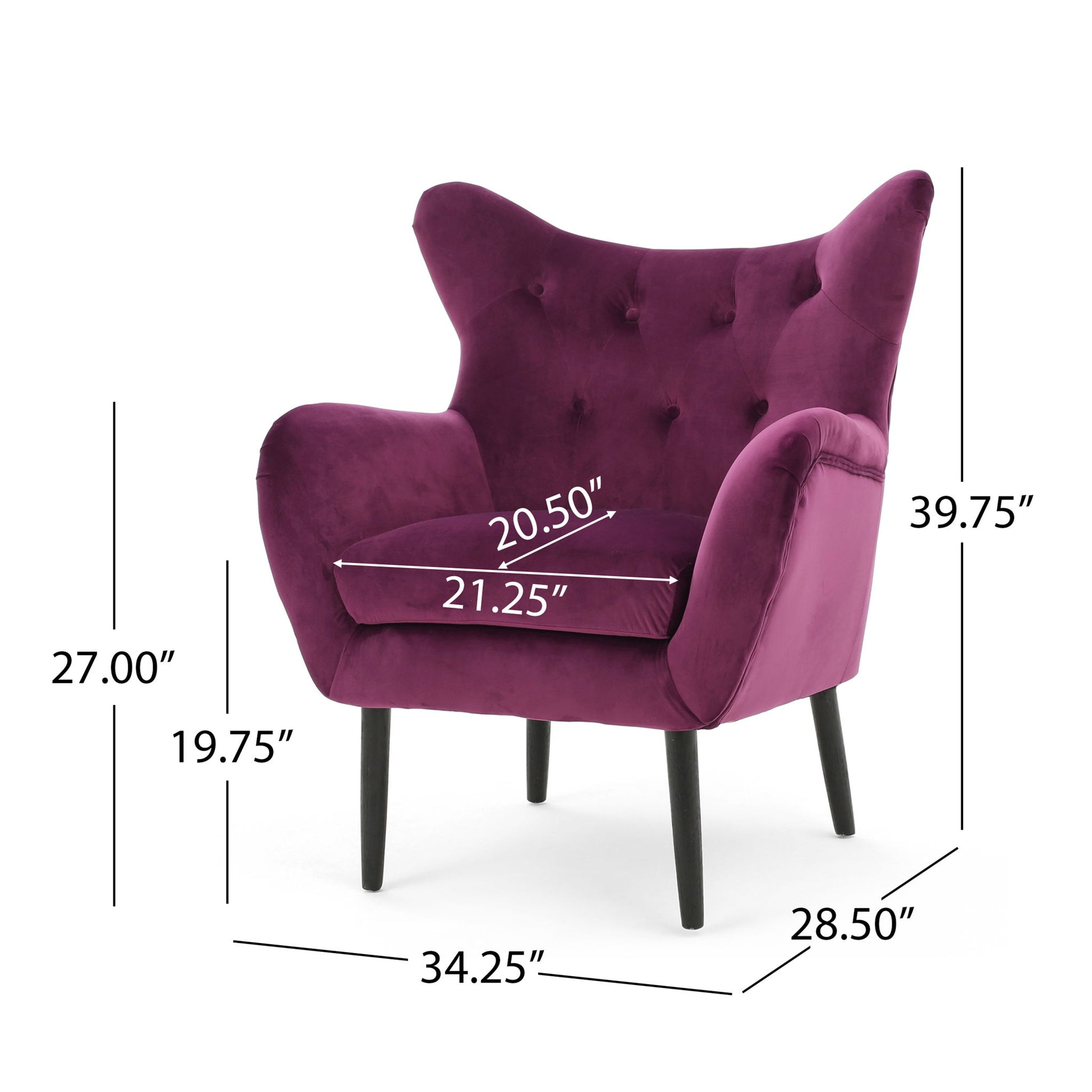 The Alyssa Mid Century Upholstered Arm Chair with wingback design is shown in purple with black legs; dimensions: 39.75"H, 27" arm height, 19.75" seat height, 20.5" seat depth, 21.25" seat width, 28.5" chair depth, 34.25"W.