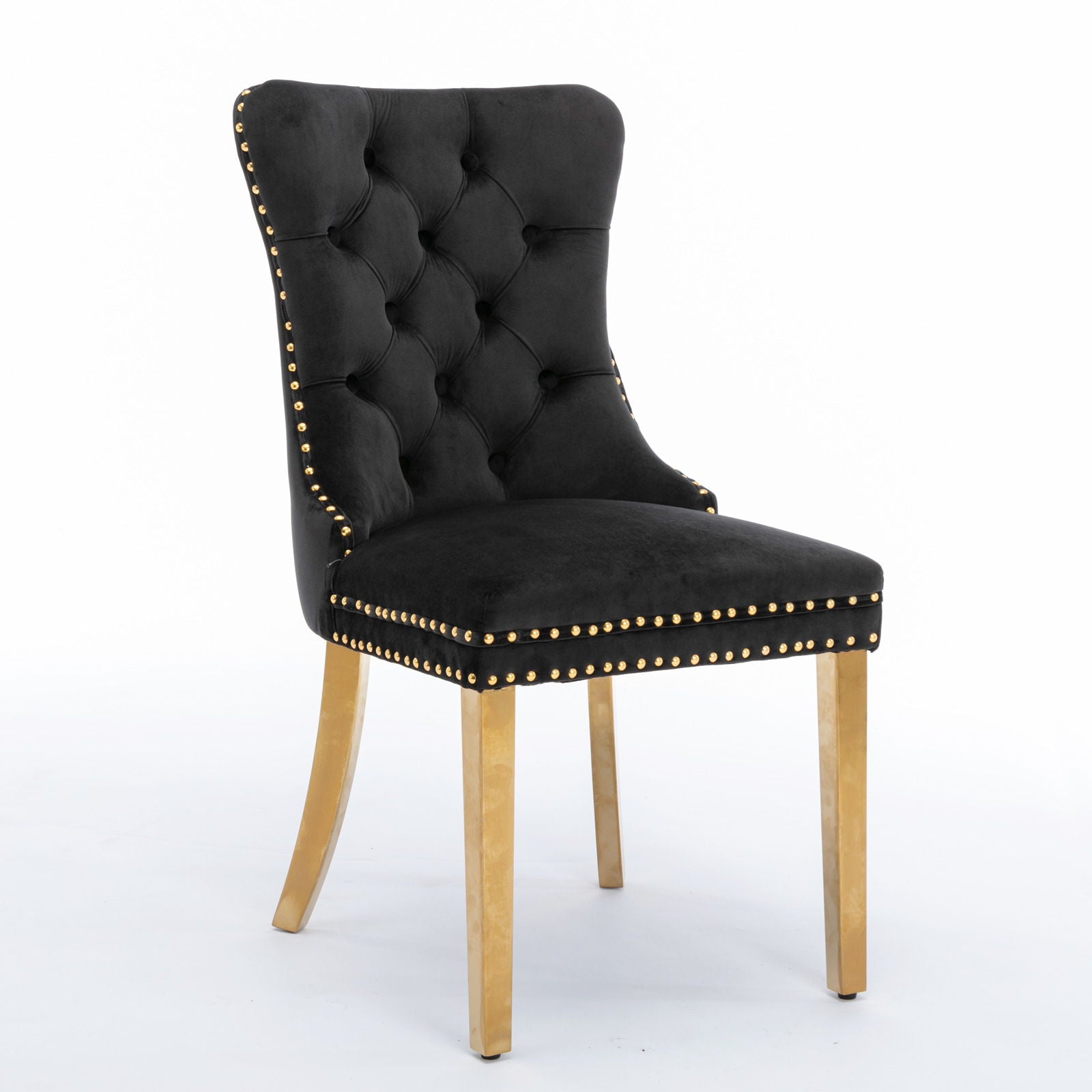 The Nikki chair set features modern high-end velvet upholstery, a tufted backrest, nailhead trim, and golden stainless steel plated legs against a plain white background.