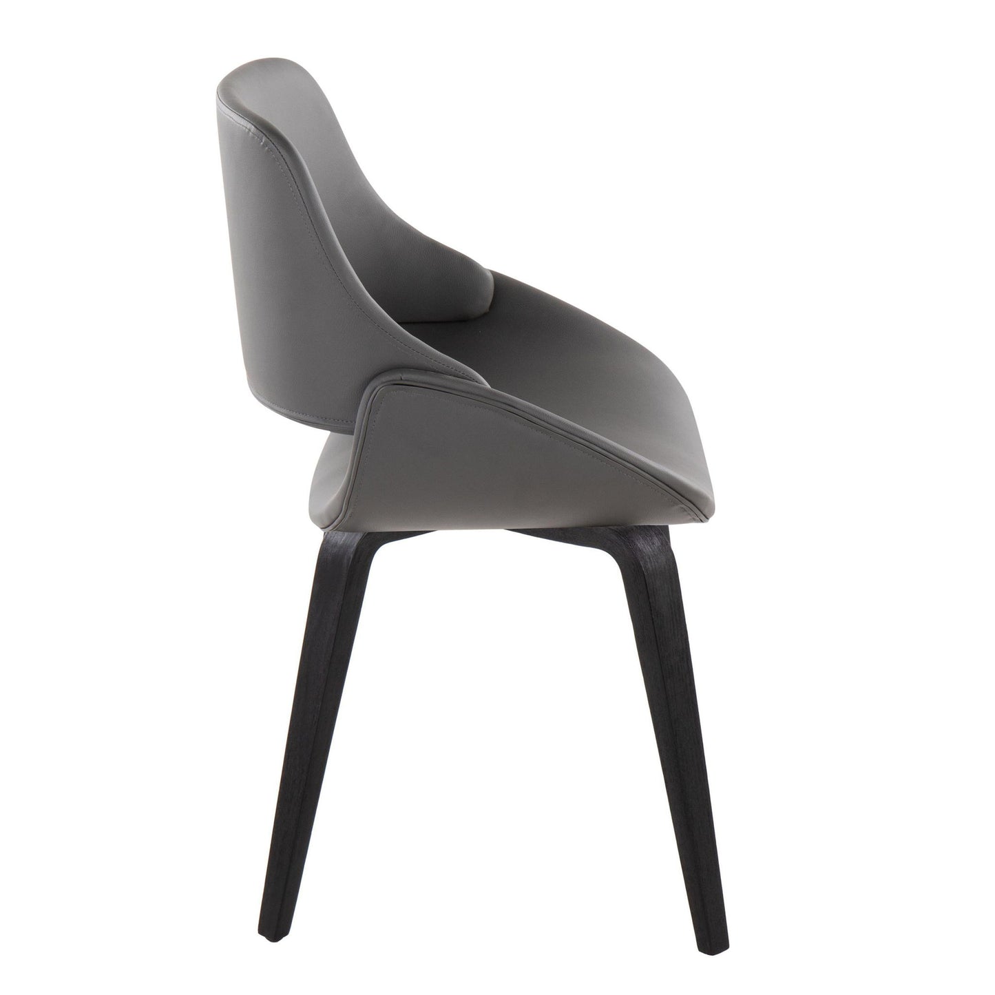 The Fabrico - Mid Century Modern Comfortable Design Dining Chair (Set of 2) features a curved, padded gray seat and backrest with four angled black wooden legs, shown from a side view.