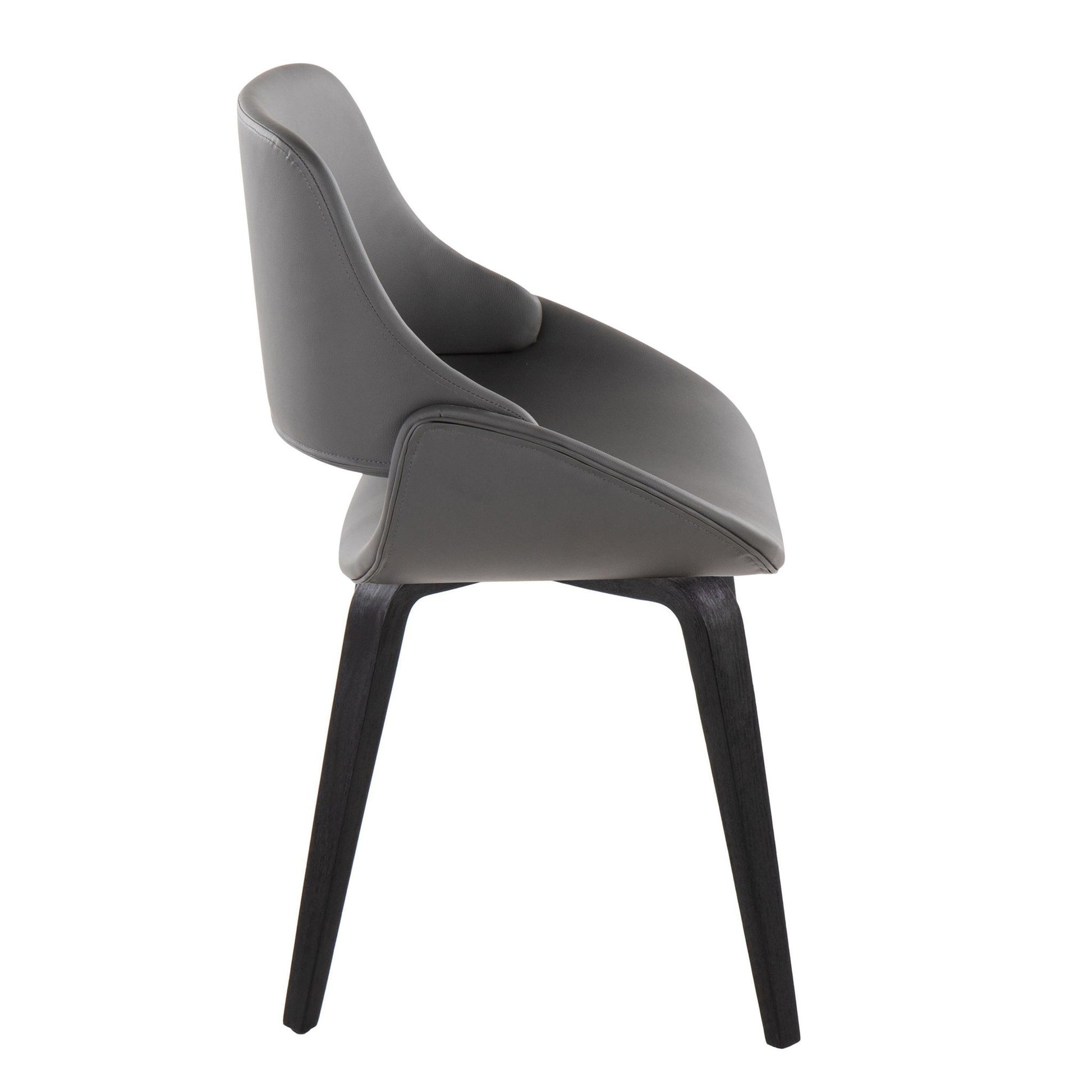 The Fabrico - Mid Century Modern Comfortable Design Dining Chair (Set of 2) features a curved, padded gray seat and backrest with four angled black wooden legs, shown from a side view.